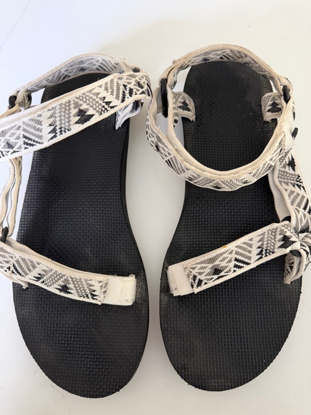 Teva Black Sandals with Cream & Gray Patterned Straps